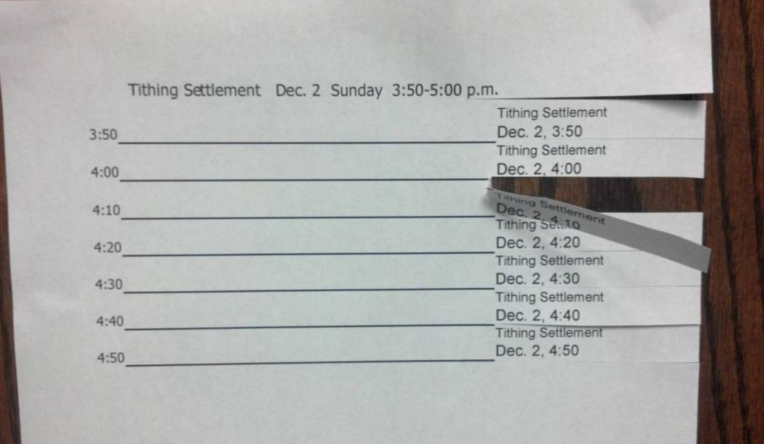 A tithing declaration signup sheet with tear-off tabs, taped to a bishop's office door