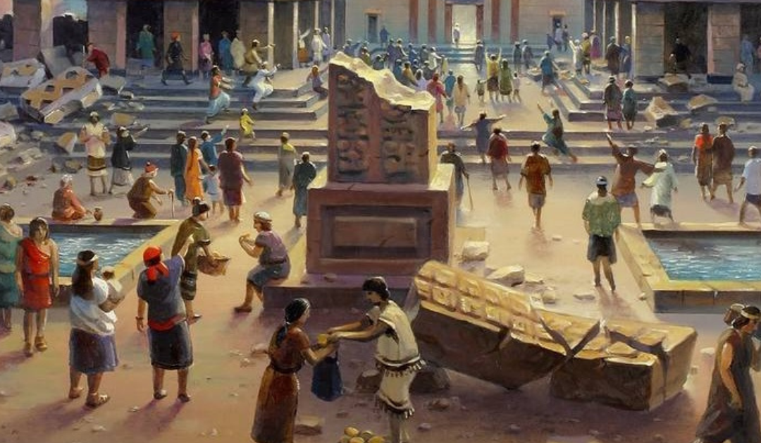 People gathering at the temple in a scene from 3 Nephi